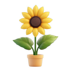 Obraz premium A vibrant sunflower with bright yellow petals and lush green leaves in a decorative pot, perfect for summer themes. 3d render