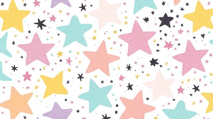 Colorful star pattern with pastel and vibrant stars on white background, perfect for wallpapers and designs.
