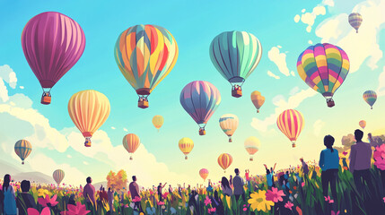 Spectacular Hot Air Balloon Festival: Colorful Balloons Soaring Over Scenic Landscape
