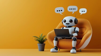 Cute robot sitting in an orange chair with a laptop, communicating with digital speech bubbles against a yellow background.
