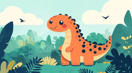 Obraz premium Cute cartoon orange dinosaur in a lush green jungle setting with birds and clouds.