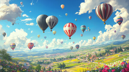 Fototapeta premium Spectacular Hot Air Balloon Festival: Colorful Balloons Soaring Over Scenic Landscape 