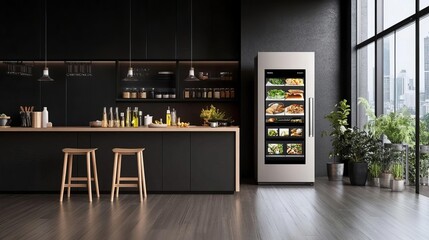 Smart refrigerator displaying recipes and grocery lists, Smart kitchen innovation, Daily life integration