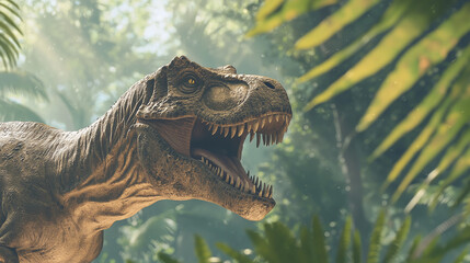 Fototapeta premium Dinosaur in Nature: T-Rex Consuming Foliage from a Tree, Highlighting the Herbivorous Behavior of This Iconic Prehistoric Creature. photo