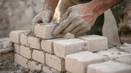 Professional Bricklaying: Detailed View of a Worker’s Hand Applying Cement to Bricks, Demonstrating Skilled Masonry and Construction Techniques. photo