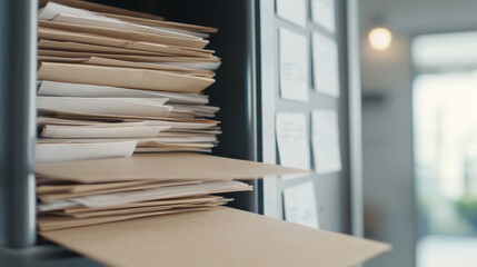Postal Overload: Detailed View of a Mailbox Packed with Envelopes and Documents, Highlighting Marketing and Newsletter Mail Delivery. photo