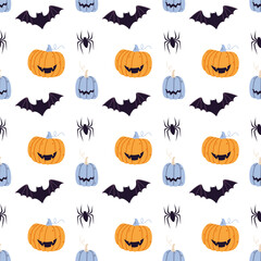 Halloween seamless pattern with pumpkins, bats, spider