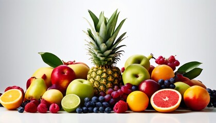 A vibrant display of fresh assorted fruits arranged on a white background. The colorful variety includes pineapples, apples, oranges, berries, and more, offering a feast for the eyes and promoting