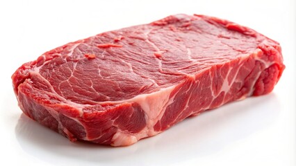 Fototapeta premium beef steak, culinary.,raw meat, seasoning meat, salt, uncooked, preparation, meaty, A close up image of a succulent raw beef steak sprinkled with salt placed on a plain white background