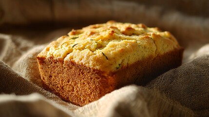 Naklejka premium Close-up of freshly baked zucchini bread on a brown linen cloth.