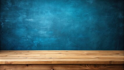 An empty wooden table is situated on a blue chalkboard background, wall, simplicity, workspace,empty, dining, kitchen, wooden table, creativity, vintage, blue chalkboard, education