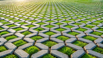 Fototapeta premium Geometric eco floor bricks with lush green grass texture in parking area