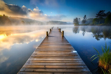 Fototapeta premium A wooden bridge spans a body of water, with a foggy mist in the background. The scene is serene and peaceful, with the water reflecting the sky and the bridge