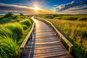 Fototapeta premium A wooden bridge spans a grassy field with a sun shining through the clouds. The sun is setting, casting a warm glow over the scene. The peaceful atmosphere of the image evokes a sense of tranquility