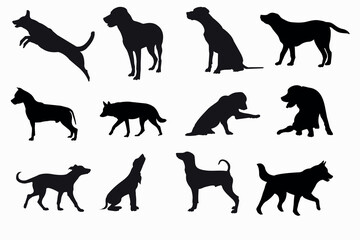 Dogs silhouette set. puppy characters design collection with flat black color in different poses. 