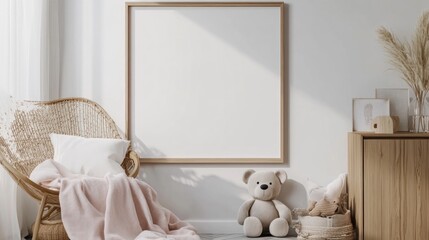 Minimalist Nursery Interior with Rattan Chair and Teddy Bear