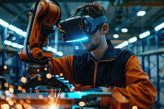 A man wearing an orange jacket is wearing a virtual reality headset. He is standing in front of a machine that is making sparks