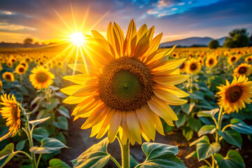 A sunflower is the center of attention in a field of sunflowers. The sun is shining brightly, casting a warm glow on the flowers. Concept of peace and tranquility, as the sunflower stands tall