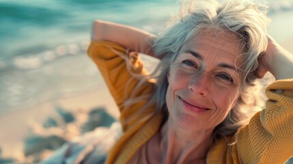 A woman with long hair is smiling and wearing a yellow sweater. She is standing on a beach and looking at the camera