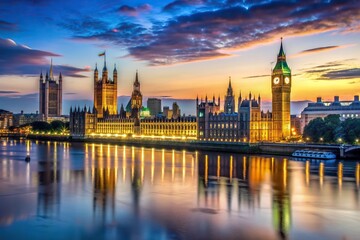 Fototapeta premium landmark, cityscape, river Thames, Big Ben,Westminster, skyline, British, skyline, city, modern, popular tourist destination, twilight, Central London Westminster skyline at twilight