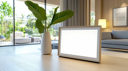 Digitally Advanced: Augmented Reality Photo Frame with Stunning Resolution and Cloud Connectivity in Cozy Living Room Setting