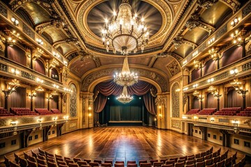 Obraz premium Opulent theater hall with lit chandeliers and stage Aerial, magnificent, opulence, concert,theater hall, auditorium, rich, lights, ambiance, luxurious, architecture, chandeliers