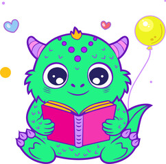 Cute little monster with birthday balloons learns to write and read sits on the floor set Cheerful ghosts in costumes for Happy Halloween Dance party sign for invitation book cover card