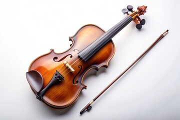 Fototapeta premium white background, antique, string instrument, wooden, instrument, strings, brown, orchestra, musical, Classical brown violin and bow lying beside isolated on white background High Angle