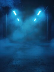 A blue and white photo of a tunnel with smoke and lights. Scene is mysterious and eerie