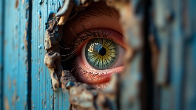 Hidden Gaze - Intriguing Eye in Wooden Wall, A close-up image revealing a vibrant green eye peering from a hole in weathered wooden wall.