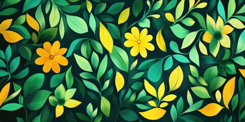Fototapeta premium Abstract pattern featuring green and yellow floral shapes, creating a vibrant and colorful design. AI generated illustration.