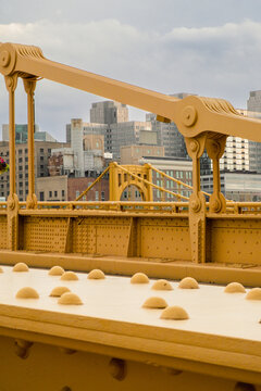 Roberto Clemente Bridge and Pittsburg, PA skyline framed by Andy Warhol bridge.
