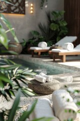 A rock sits in front of a pool with white towels on it. The towels are neatly folded and arranged in a row. The scene gives off a sense of relaxation and tranquility