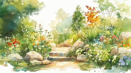 06092011 37 Children's book illustration style of an enchanted garden with multiple angles, in detailed watercolor with flat colors --ar 16:9 --v 6.1 Job ID: 62eee51c-f0cd-40b4-adc9-07f1a8a5035a