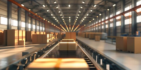 Fototapeta premium Automated warehouse with conveyor belt transporting cardboard boxes, logistics and shipping concept. AI generated illustration.