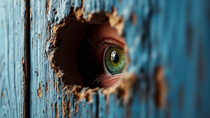 Intriguing Gaze from a Broken Wall, A close-up image of a striking green and yellow eye peering out from a jagged hole in weathered blue wood. The composition evokes mystery and curiosity.