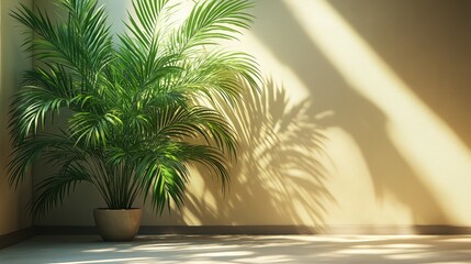 Fototapeta premium Potted Palm Plant Casting Dramatic Shadows in a Sunlit Room, Creating a Warm and Tranquil Indoor Setting with a Focus on Natural Decor and Minimalism