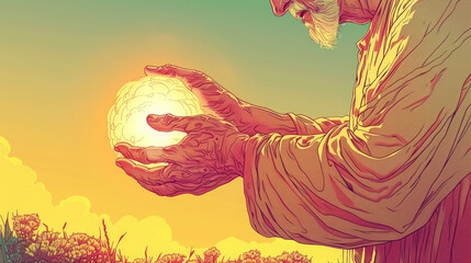 Elderly man holding glowing orb in stylized artwork

