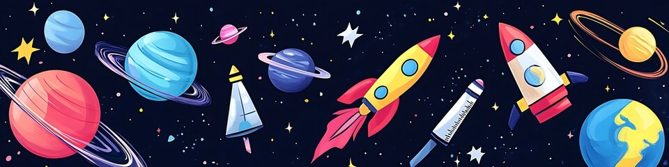 Colorful Cartoon Space Illustration with Rockets and Planets
