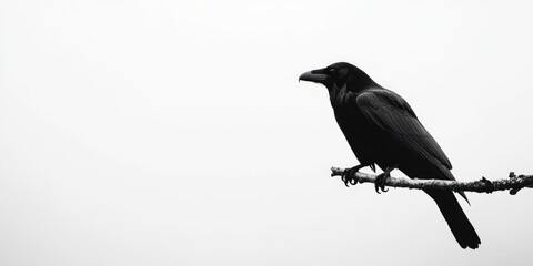 Fototapeta premium Black raven on a branch on white background with copy space, concept of mystery and nature. AI generated illustration.