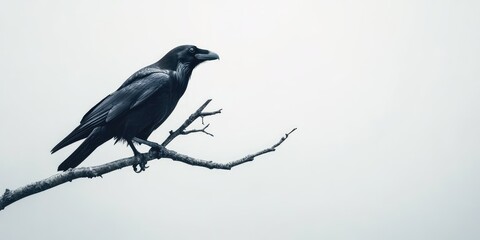Obraz premium Black raven on a branch on white background with copy space, concept of mystery and nature. AI generated illustration.