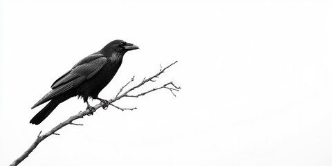 Black raven on a branch on white background with copy space, concept of mystery and nature. AI generated illustration.