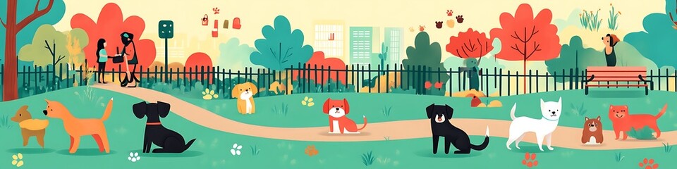 Obraz premium Happy Dogs Playing in the Park with Trees and a Fence