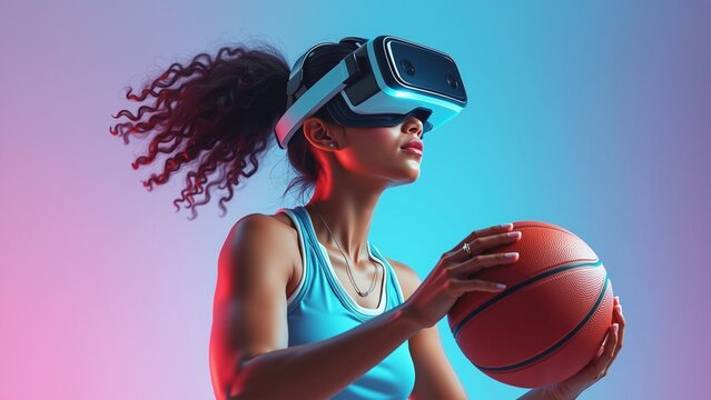 Virtual Basketball Training , A woman wearing a virtual reality headset practices basketball drills against a dynamic purple and blue gradient background.