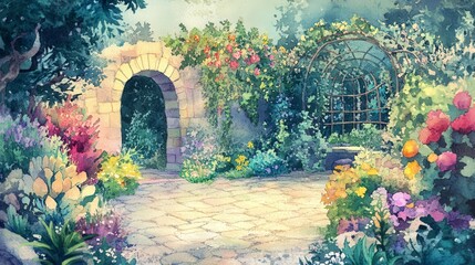 06092011 39 Detailed, flat color watercolor illustration of an enchanted garden from multiple perspectives, styled for a children's book --ar 16:9 --v 6.1 Job ID: f3858c40-bc54-4474-88a8-4e242afa71ad