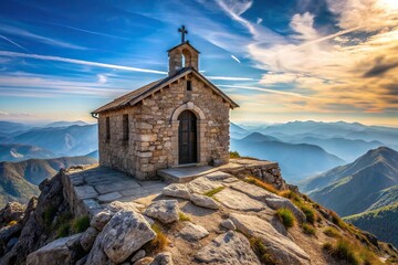 A breathtaking view of a small stone chapel perched on top of a mountain as seen at eye level, stone, mountain, view, perched,chapel, small