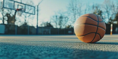 Close-up of basketball on court, low angle shot, concept of sports and competition. AI generated illustration