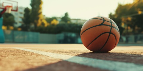 Close-up of basketball on court, low angle shot, concept of sports and competition. AI generated illustration