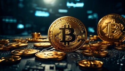 Multiple golden Bitcoin coins placed on a dark, high-tech surface. The contrast highlights the shining coins and suggests a modern financial and technological context.. AI Generation