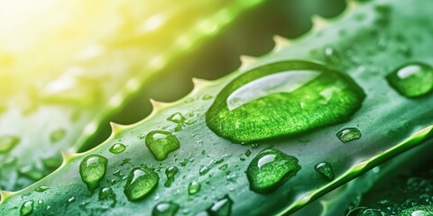 Close-up of green aloe vera leaves with water droplet. AI generated illustration